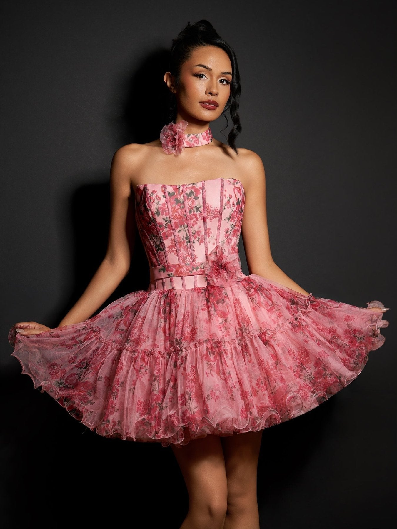 Pink Strapless A-Line Floral Short Wedding Guest Dress With Ruffles - Curvevia