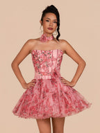 Pink Strapless A-Line Floral Short Wedding Guest Dress With Ruffles - Curvevia