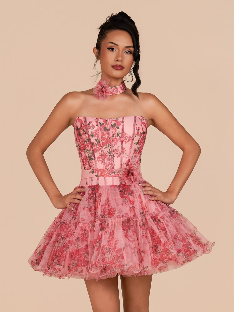 Pink Strapless A-Line Floral Short Wedding Guest Dress With Ruffles - Curvevia
