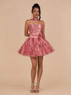 Pink Strapless A-Line Floral Short Wedding Guest Dress With Ruffles - Curvevia