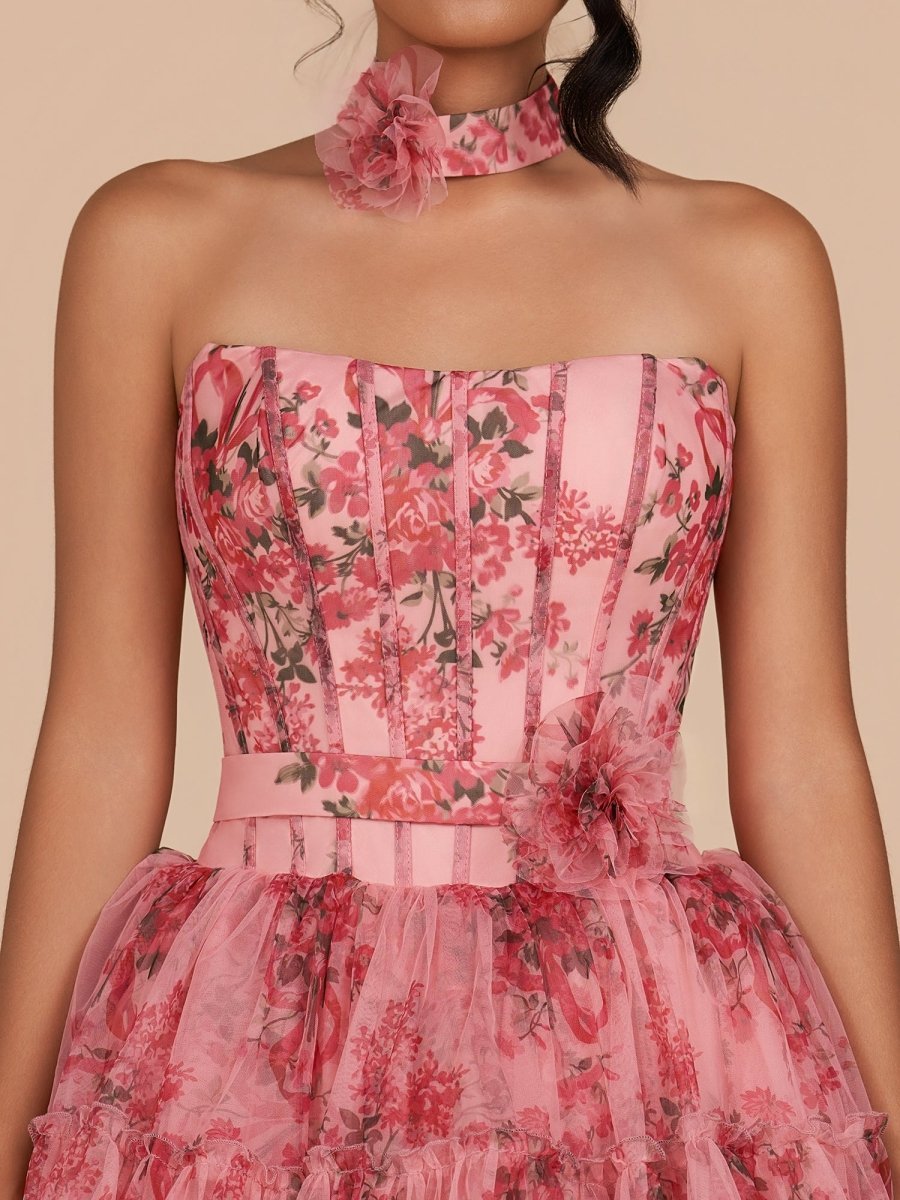 Pink Strapless A-Line Floral Short Wedding Guest Dress With Ruffles - Curvevia