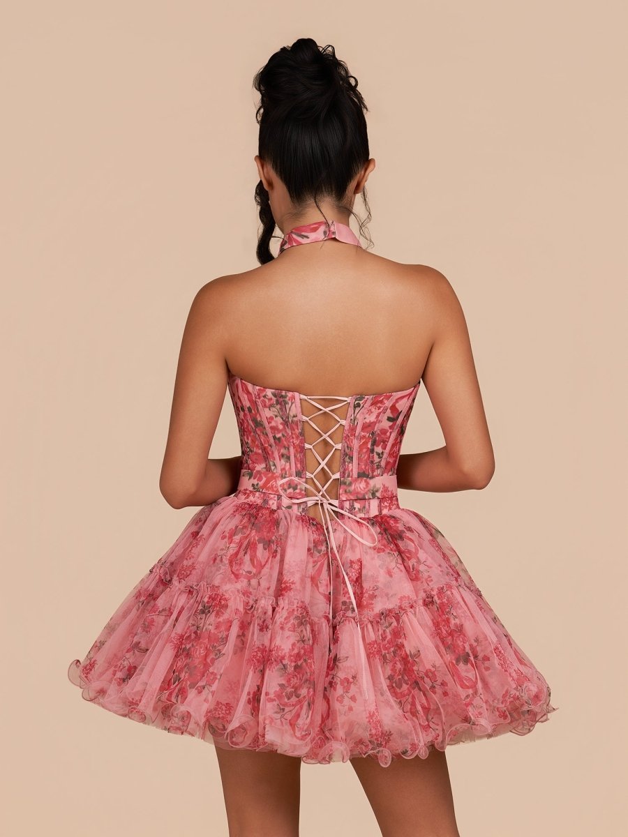 Pink Strapless A-Line Floral Short Wedding Guest Dress With Ruffles - Curvevia