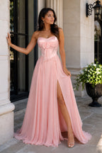 Pink A Line Strapless Pleated Chiffon Long Wedding Guest Dress with Bow - Curvevia