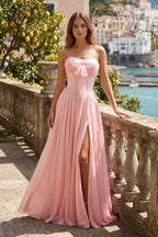 Pink A Line Strapless Pleated Chiffon Long Wedding Guest Dress with Bow - Curvevia