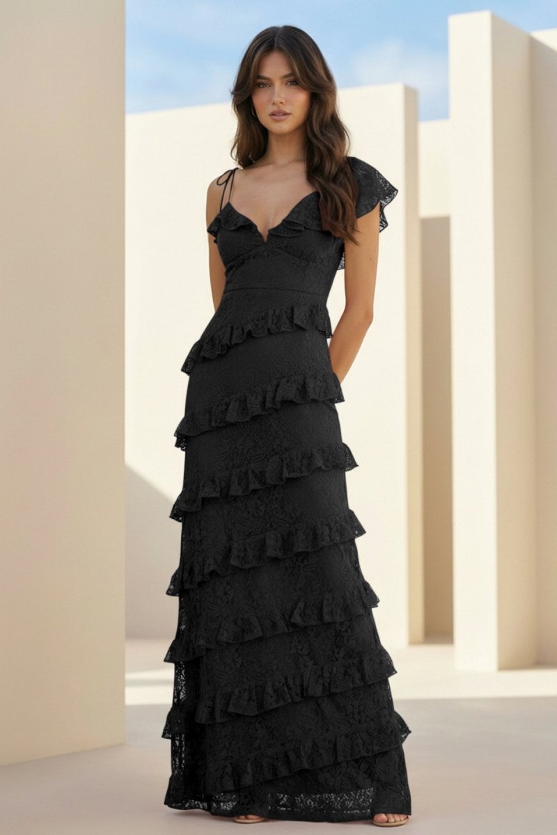 Red Sheath V Neck Lace Long Evening Dress With Ruffles - Curvevia