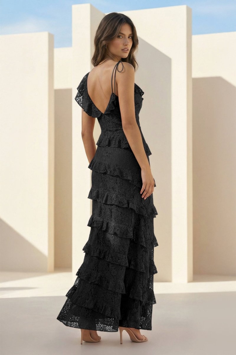 Red Sheath V Neck Lace Long Evening Dress With Ruffles - Curvevia