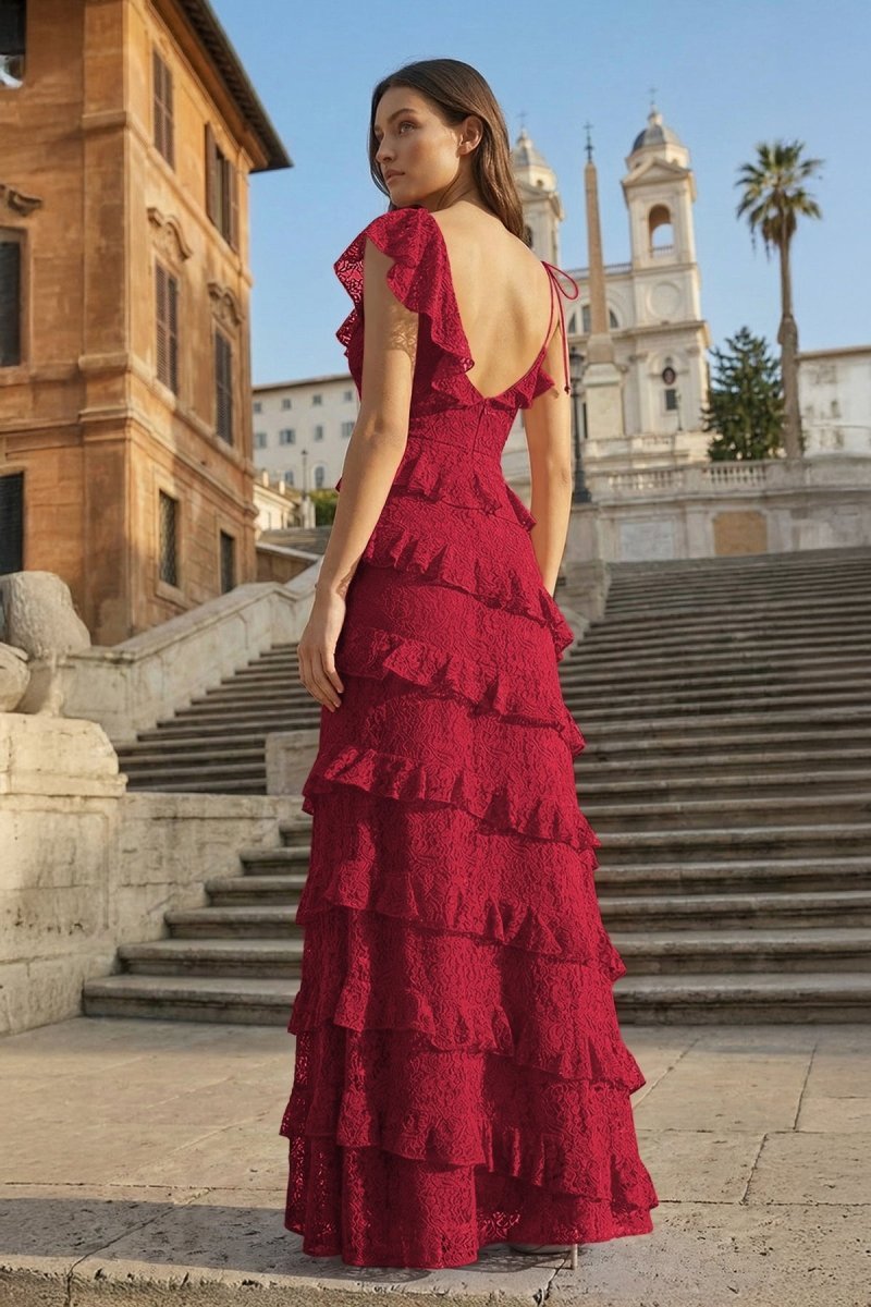Red Sheath V Neck Lace Long Evening Dress With Ruffles - Curvevia