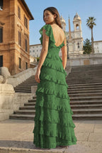 Red Sheath V Neck Lace Long Evening Dress With Ruffles - Curvevia