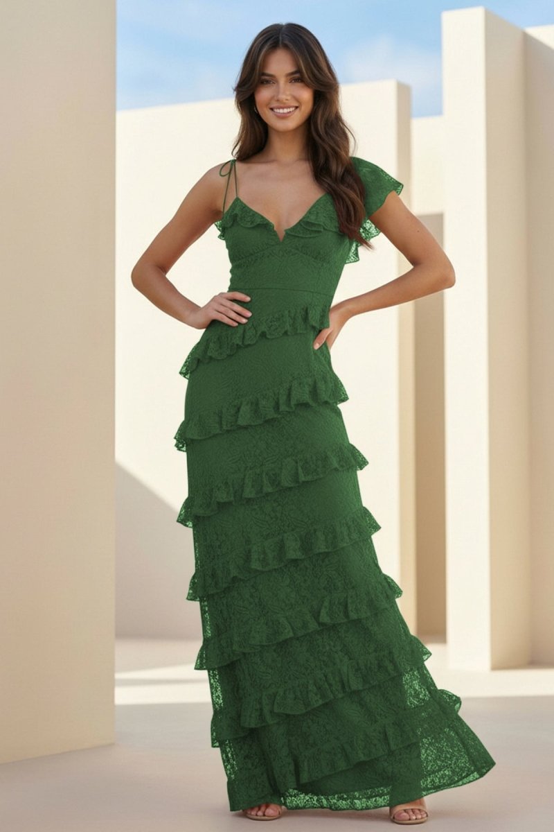 Red Sheath V Neck Lace Long Evening Dress With Ruffles - Curvevia