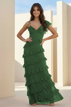 Red Sheath V Neck Lace Long Evening Dress With Ruffles - Curvevia