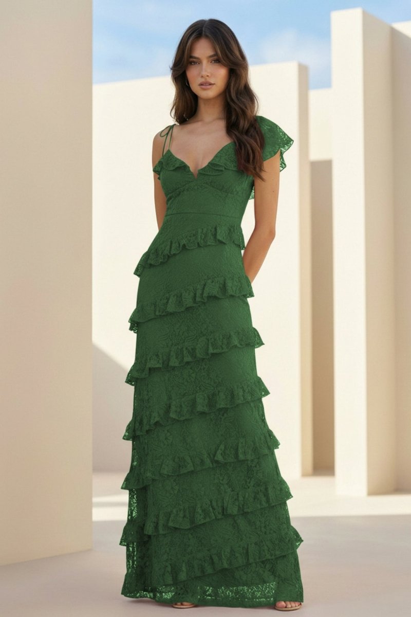 Red Sheath V Neck Lace Long Evening Dress With Ruffles - Curvevia
