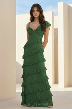 Red Sheath V Neck Lace Long Evening Dress With Ruffles - Curvevia