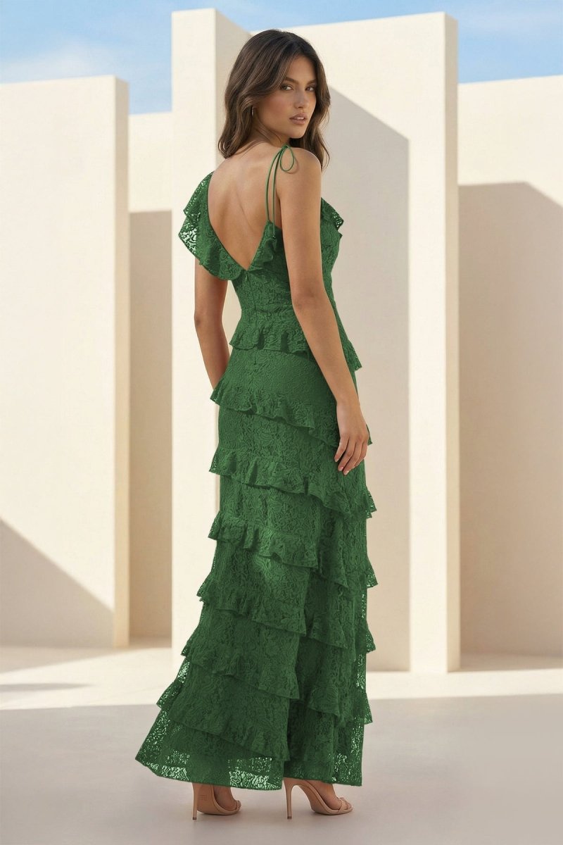 Red Sheath V Neck Lace Long Evening Dress With Ruffles - Curvevia