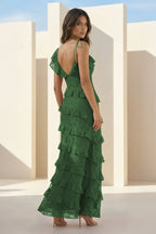 Red Sheath V Neck Lace Long Evening Dress With Ruffles - Curvevia