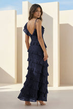 Red Sheath V Neck Lace Long Evening Dress With Ruffles - Curvevia