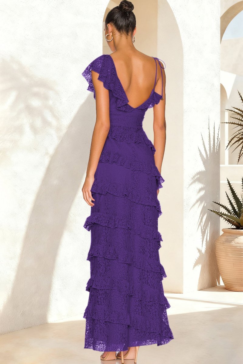 Red Sheath V Neck Lace Long Evening Dress With Ruffles - Curvevia