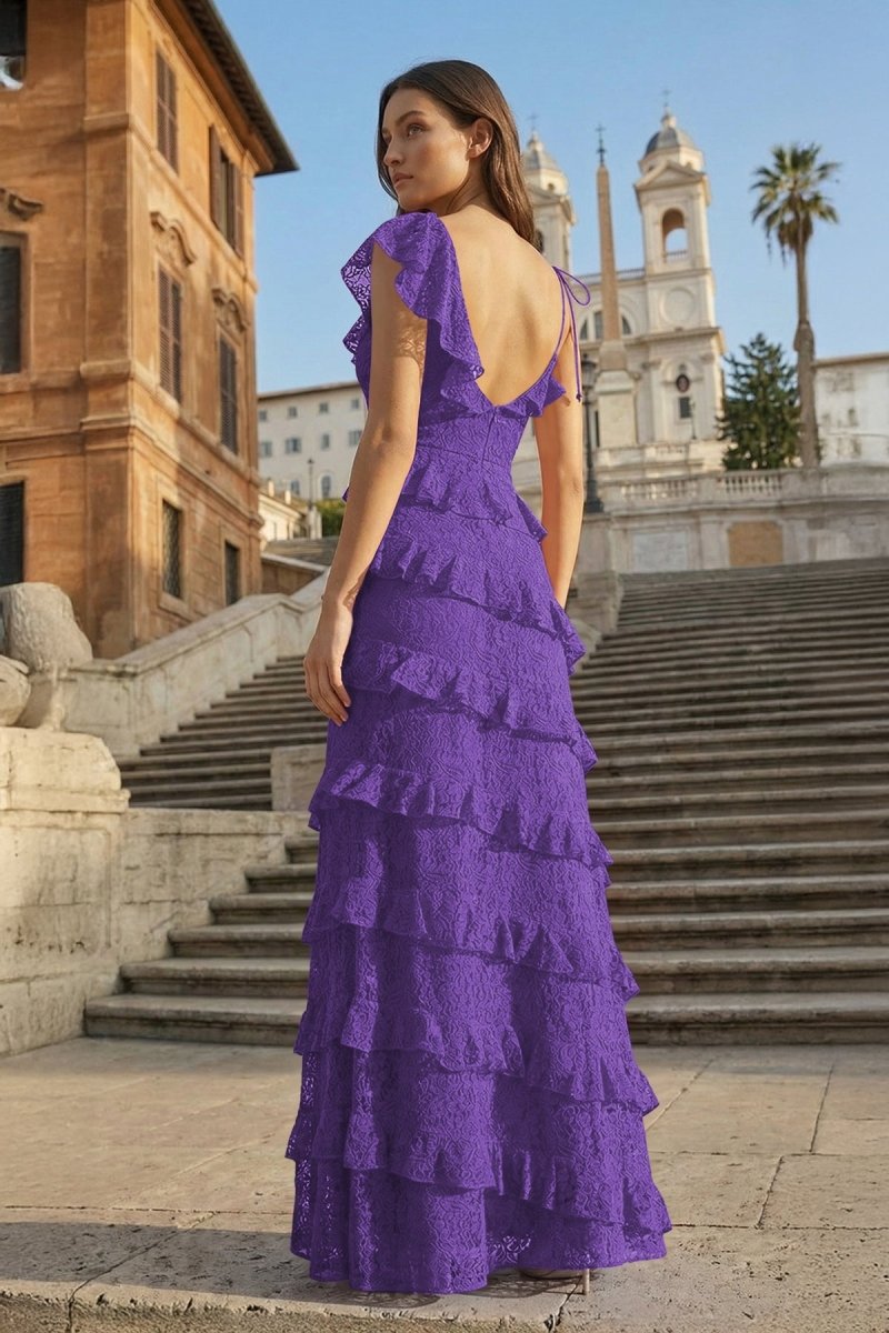 Red Sheath V Neck Lace Long Evening Dress With Ruffles - Curvevia