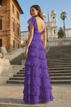 Red Sheath V Neck Lace Long Evening Dress With Ruffles - Curvevia