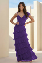 Red Sheath V Neck Lace Long Evening Dress With Ruffles - Curvevia