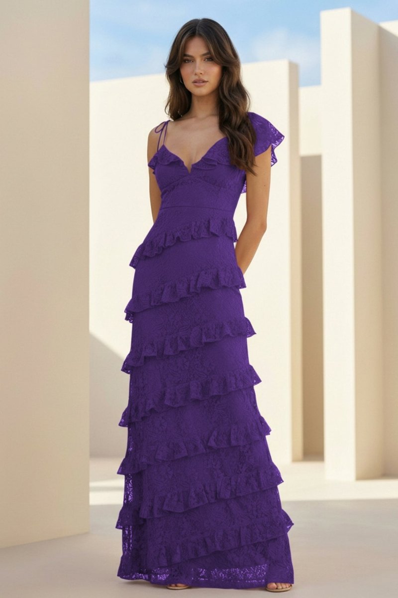 Red Sheath V Neck Lace Long Evening Dress With Ruffles - Curvevia