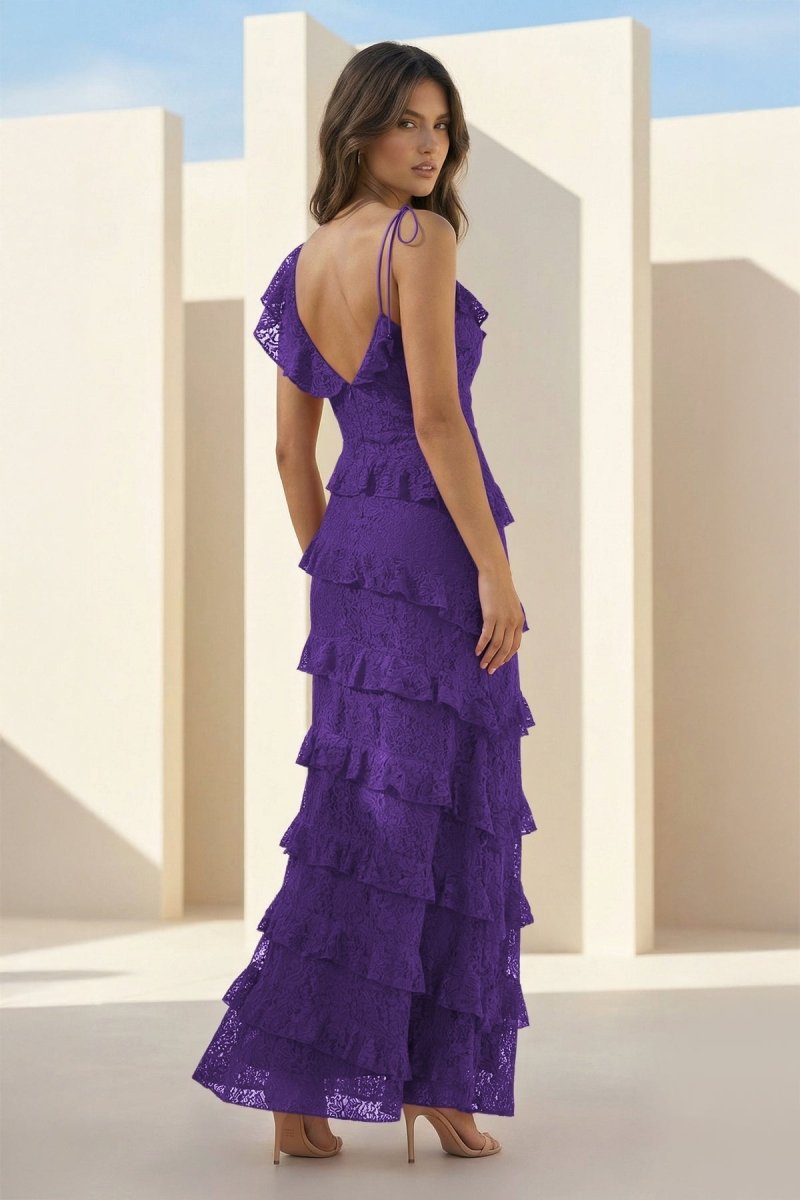 Red Sheath V Neck Lace Long Evening Dress With Ruffles - Curvevia