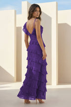 Red Sheath V Neck Lace Long Evening Dress With Ruffles - Curvevia