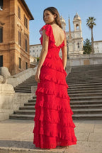 Red Sheath V Neck Lace Long Evening Dress With Ruffles - Curvevia
