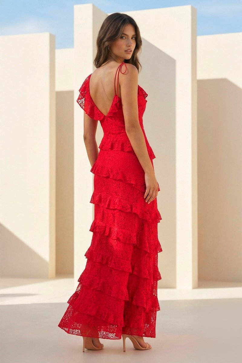 Red Sheath V Neck Lace Long Evening Dress With Ruffles - Curvevia