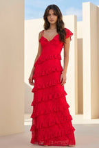 Red Sheath V Neck Lace Long Evening Dress With Ruffles - Curvevia