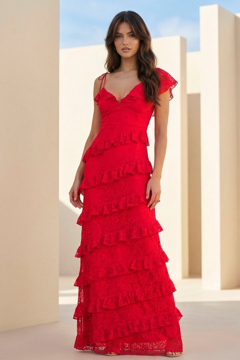Red Sheath V Neck Lace Long Evening Dress With Ruffles - Curvevia