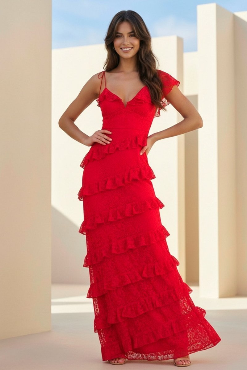 Red Sheath V Neck Lace Long Evening Dress With Ruffles - Curvevia