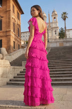 Red Sheath V Neck Lace Long Evening Dress With Ruffles - Curvevia