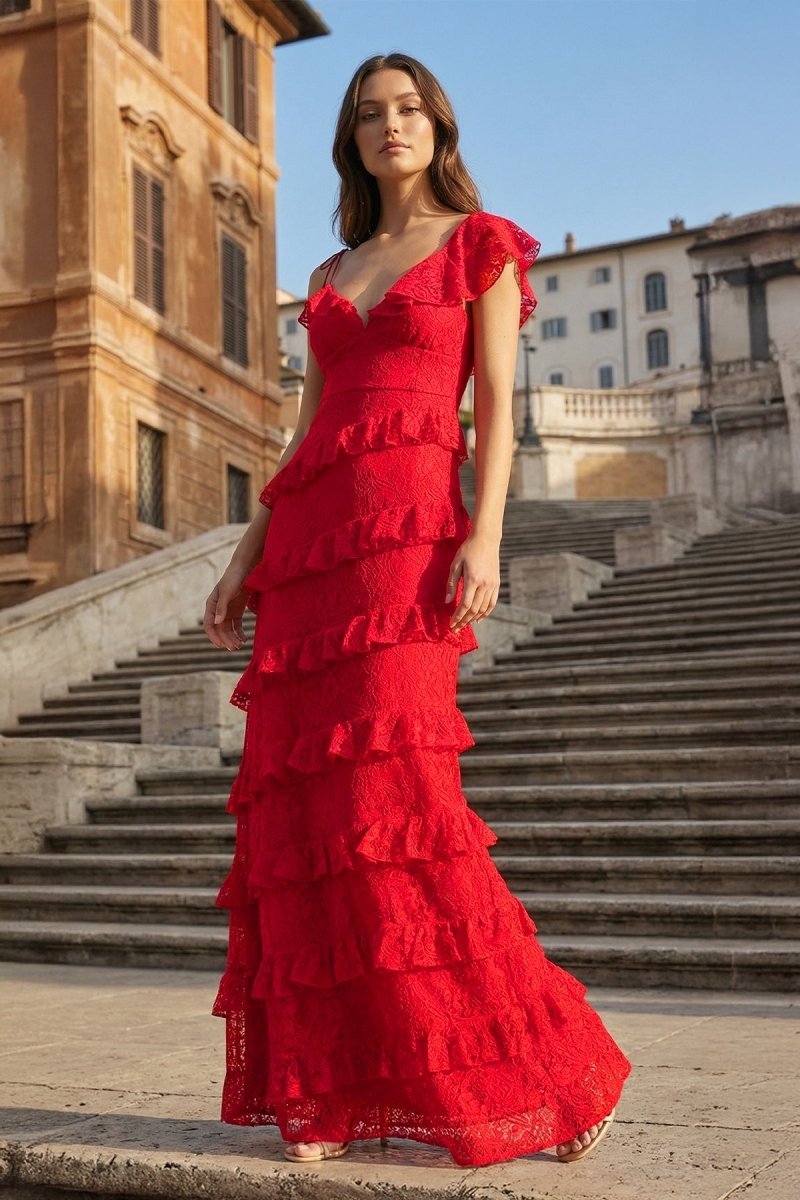 Red Sheath V Neck Lace Long Evening Dress With Ruffles - Curvevia