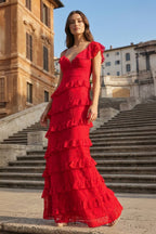 Red Sheath V Neck Lace Long Evening Dress With Ruffles - Curvevia