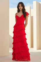 Red Sheath V Neck Lace Long Evening Dress With Ruffles - Curvevia