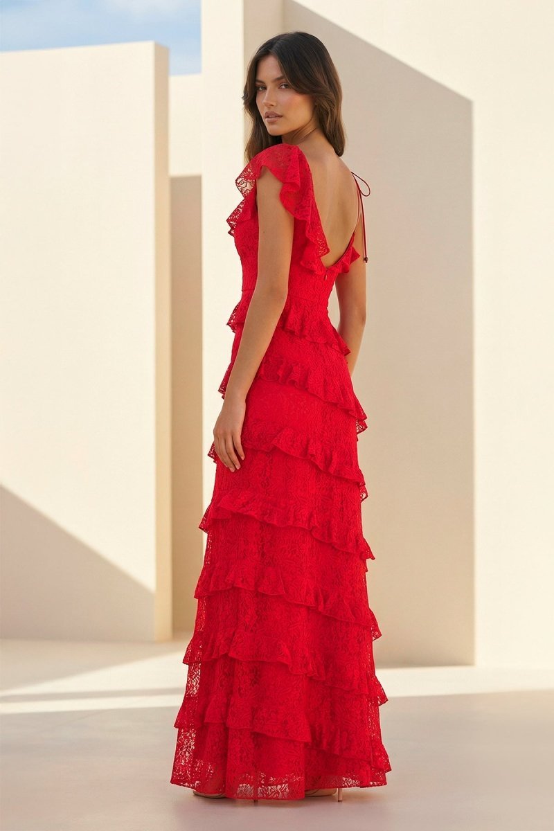 Red Sheath V Neck Lace Long Evening Dress With Ruffles - Curvevia