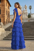 Red Sheath V Neck Lace Long Evening Dress With Ruffles - Curvevia