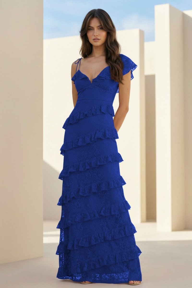 Red Sheath V Neck Lace Long Evening Dress With Ruffles - Curvevia