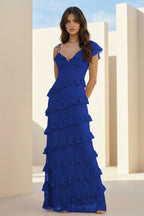 Red Sheath V Neck Lace Long Evening Dress With Ruffles - Curvevia
