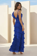 Red Sheath V Neck Lace Long Evening Dress With Ruffles - Curvevia