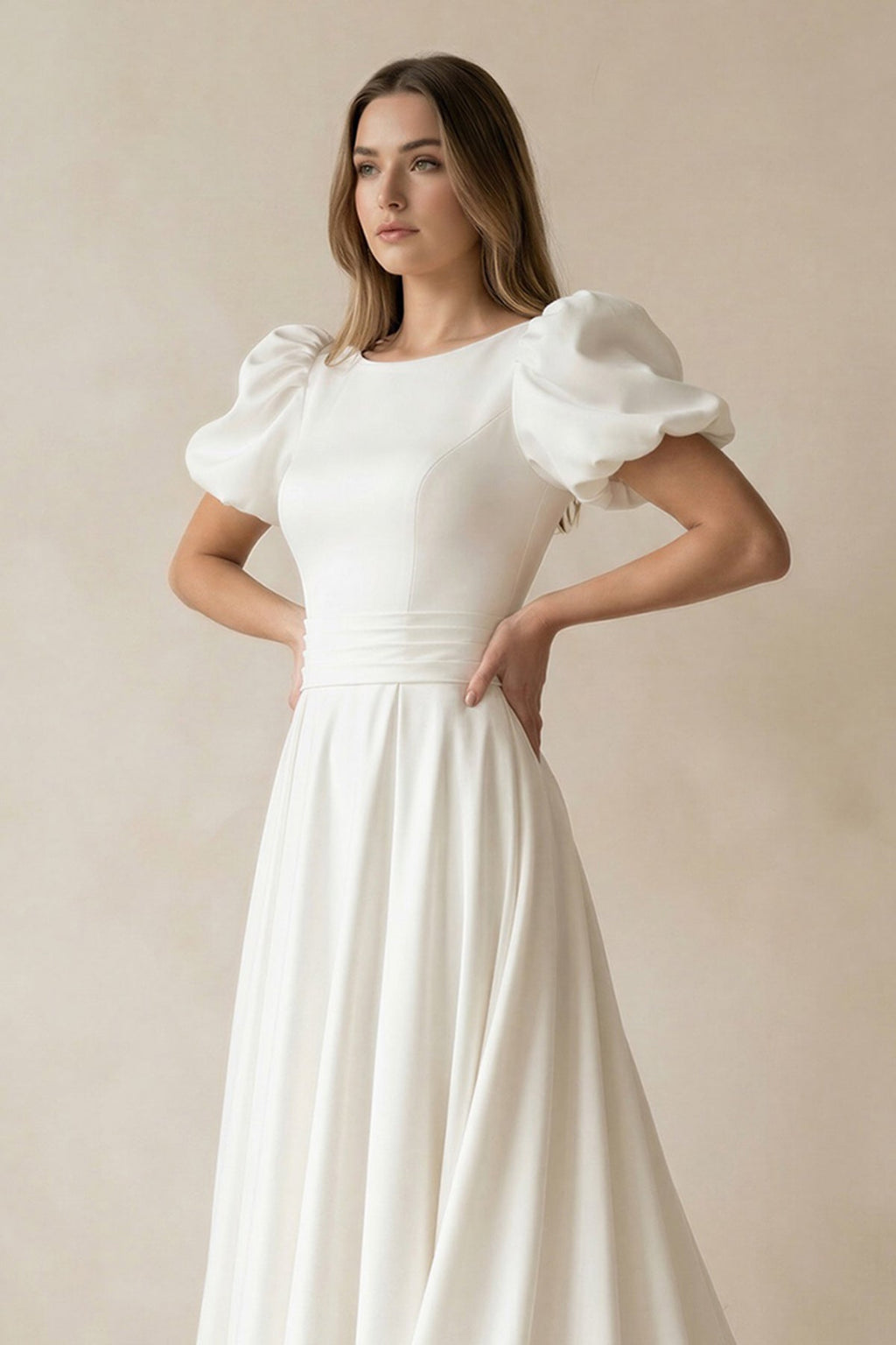 Ivory A-line Puff Sleeves Satin Sweeping Long Wedding Dress - Curvevia