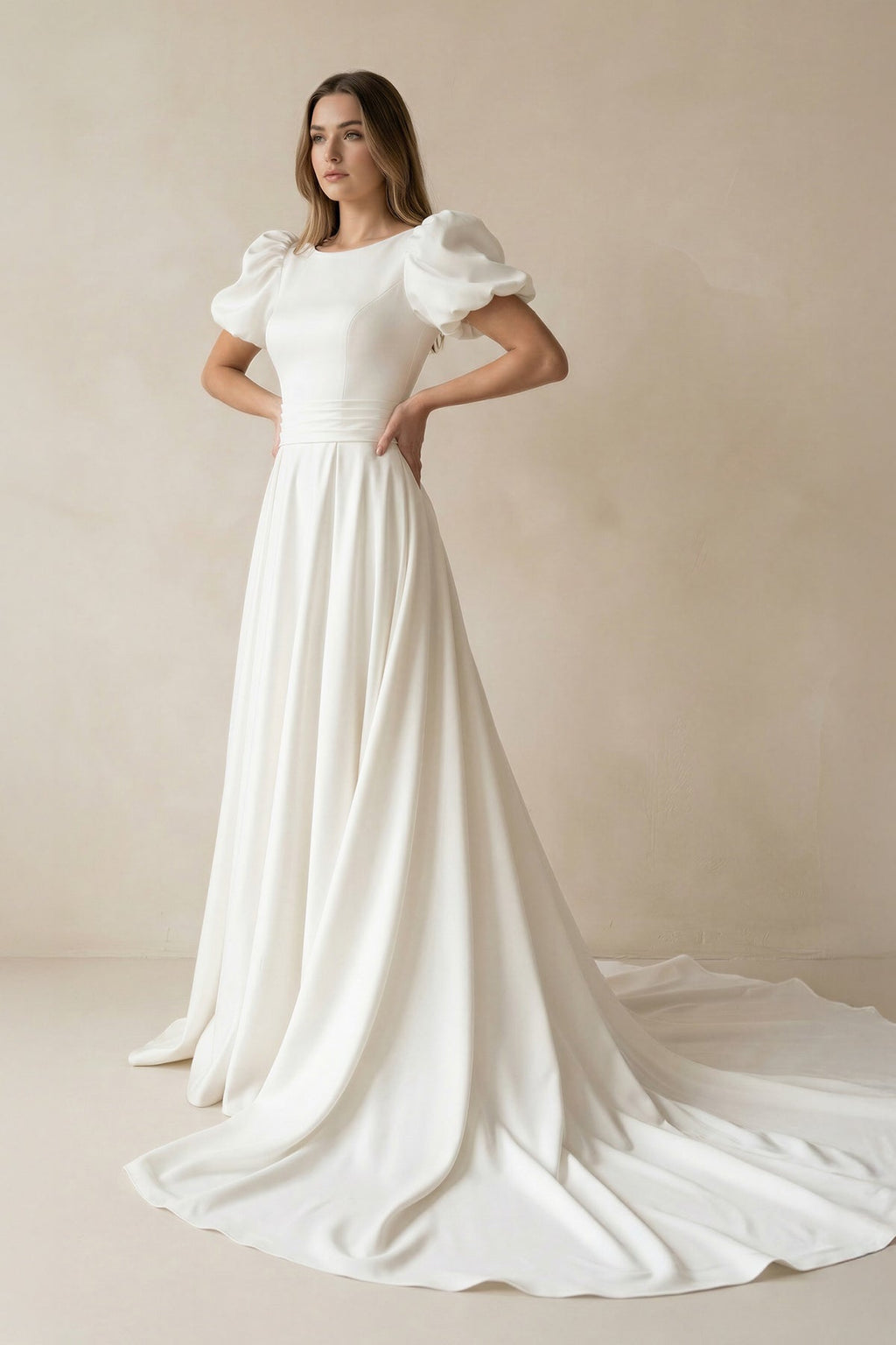 Ivory A-line Puff Sleeves Satin Sweeping Long Wedding Dress - Curvevia