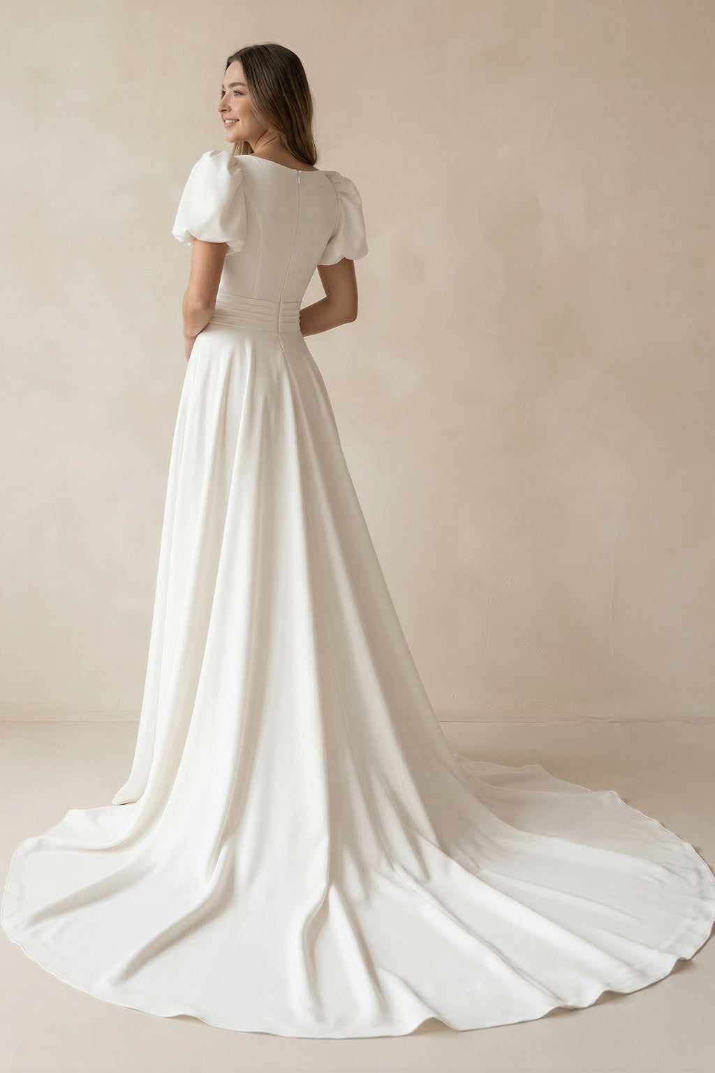 Ivory A-line Puff Sleeves Satin Sweeping Long Wedding Dress - Curvevia