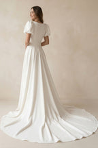 Ivory A-line Puff Sleeves Satin Sweeping Long Wedding Dress - Curvevia
