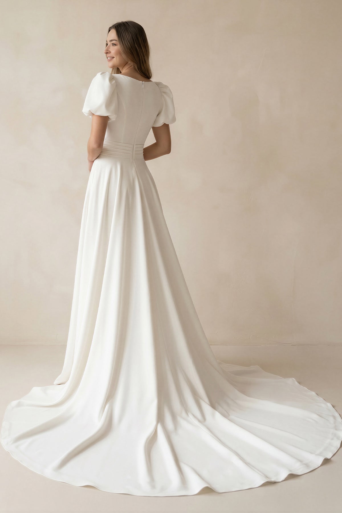 Ivory A-line Puff Sleeves Satin Sweeping Long Wedding Dress - Curvevia