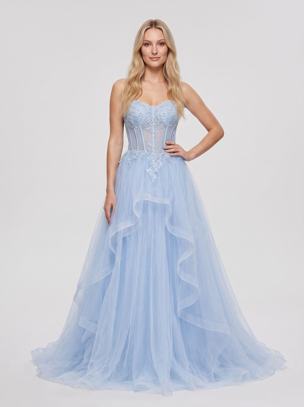 Sky Blue Tulle A-Line Sweetheart Lace-up Floor-Length Dress with Beaded Bodice - Curvevia
