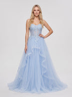 Sky Blue Tulle A-Line Sweetheart Lace-up Floor-Length Dress with Beaded Bodice - Curvevia
