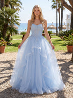Sky Blue Tulle A-Line Sweetheart Lace-up Floor-Length Dress with Beaded Bodice - Curvevia