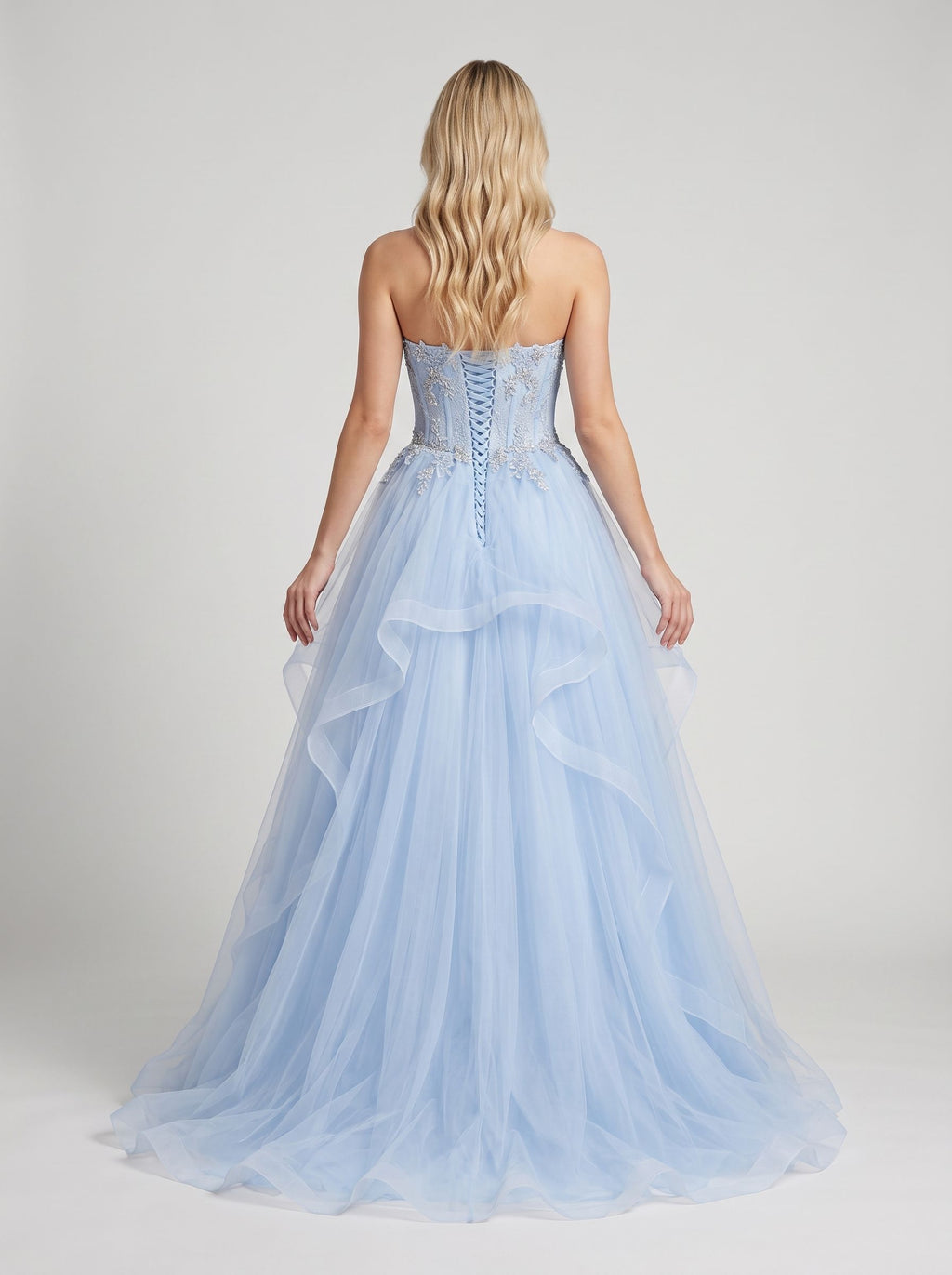 Sky Blue Tulle A-Line Sweetheart Lace-up Floor-Length Dress with Beaded Bodice - Curvevia