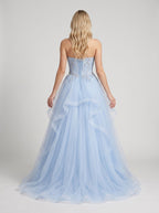 Sky Blue Tulle A-Line Sweetheart Lace-up Floor-Length Dress with Beaded Bodice - Curvevia